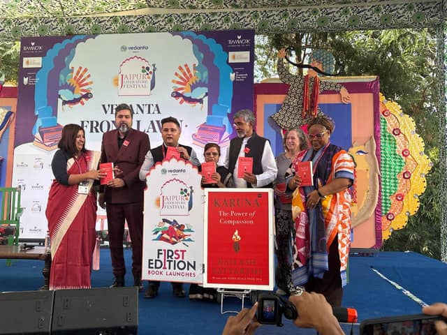 Kailash Satyarthi launches his new book, Karuna, at the Jaipur Literature Festival today